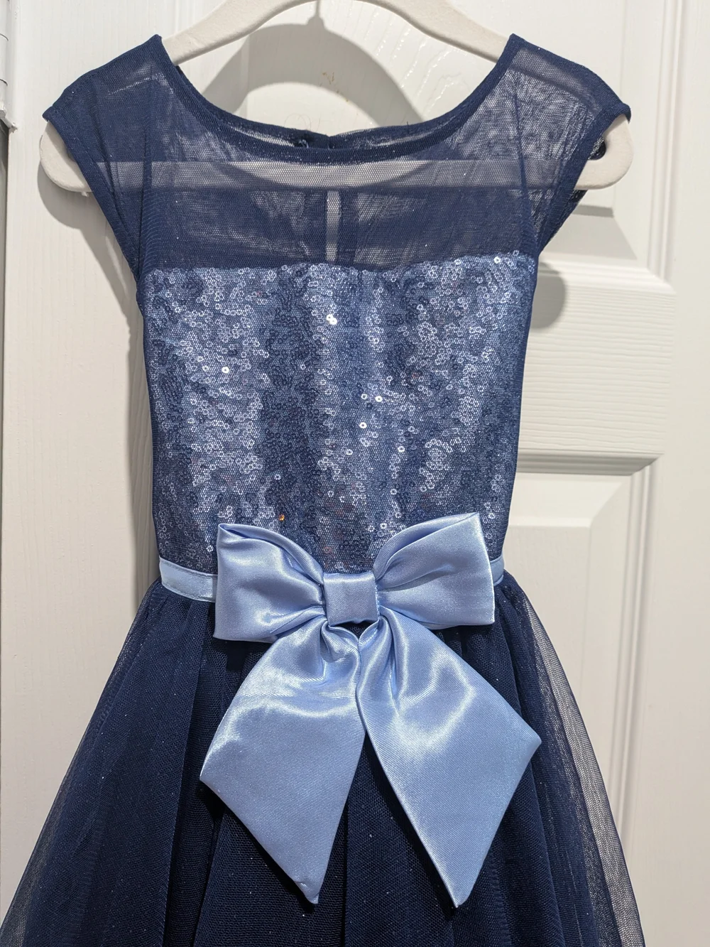 Jona Michelle Navy Sequin Tulle Dress with Light Blue Bow